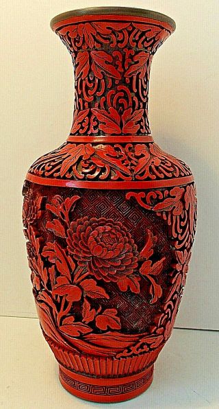 Vintage Chinese Red Cinnabar Carved Vase Floral Peony Motif Symbol Of Wealth 10 "