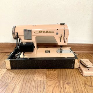 Vintage Atlas Pink - Peach Precision Sewing Machine Japan Made With Case 2