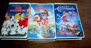 Walt Disney Black Diamond Vhs Tapes (3) Cinderella 101 Dalmatians Rescuers