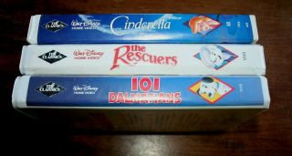 Walt Disney BLACK DIAMOND VHS Tapes (3) Cinderella 101 Dalmatians Rescuers 3