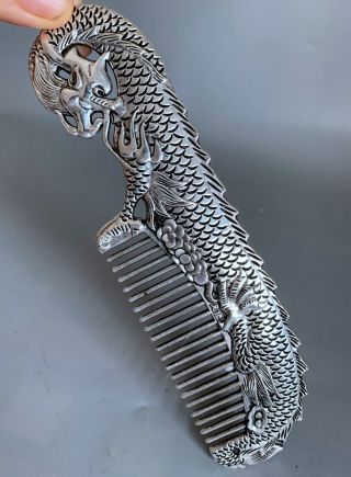 Collectable Handwork Decor Old Tibet Silver Carve Dragon Exorcism Wealthy Comb