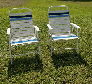 Aluminum Vintage Pair Folding Lawn Chair Pool Vinyl Straps Camping Beach Blue Wt