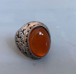 Collectable Handwork Decor Old Tibet Silver Carve Flower Rattan Inlay Agate Ring