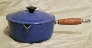 Vintage 2 Qt Le Creuset 20 Blue Cast Iron Sauce Pan W/ Lid & Wood Handle Euc