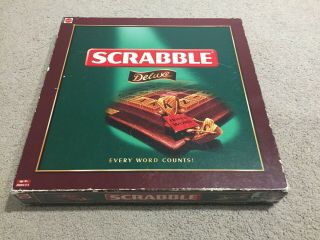 Scrabble Deluxe Board Game Wooden Base & Tiles Turntable Vintage 2000 Retro