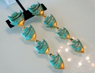 Vtg 80s Givenchy Paris 4.  2 " Gold Gilt Green Enamel Fish Drop Big Runway Earrings