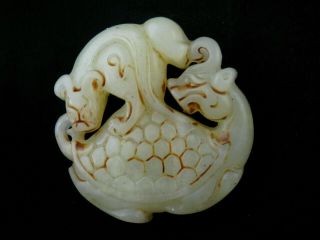 Wonderful Chinese Jade Hand Carved Dragon On Dragon - Turtle Pendant Q097