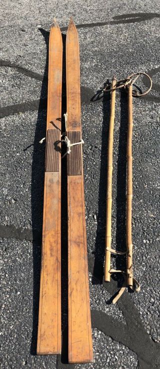 Vintage 7 Foot Authentic Wooden Snow Skis W Bamboo Poles 1920 - 1930 