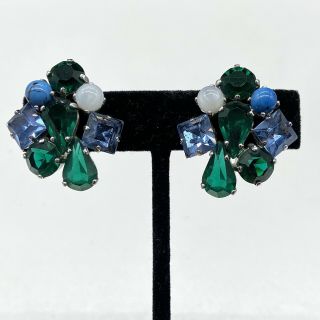 Vintage Christian Dior Germany Clip - On Earrings Blue Green Rhinestone