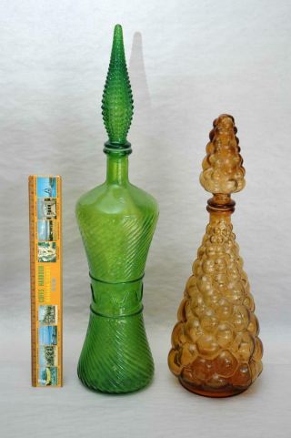 Pair Vintage Retro Mid Century Glass Genie Bottles Green & Brown Italy