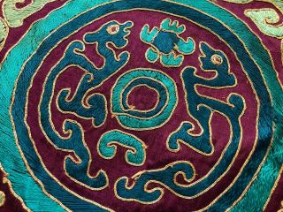 Fine Old Chinese Silk Embroidery Couched Stitched Dragons Art Roundel Circle NR 3