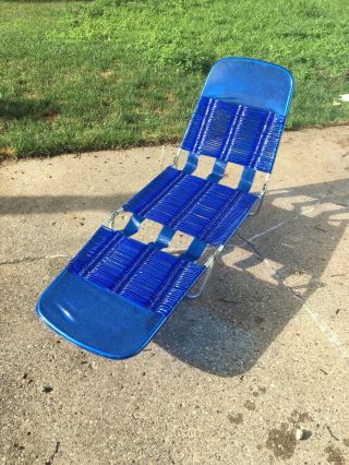 Vintage Folding Aluminum Chaise Lounge Lawn Beach Chair Vinyl Pvc Tubing - Blue