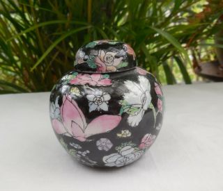 Vintage Chinese Hand Painted Black Flower Famille Noir Small Ginger Jar Signed