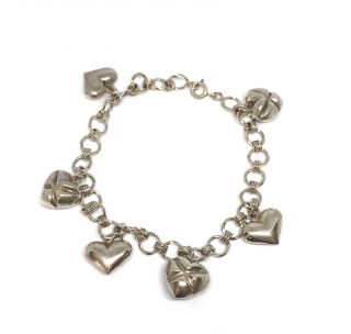 Vintage 925 Sterling Silver Puffy Heart Charm Bracelet 8.  25 "
