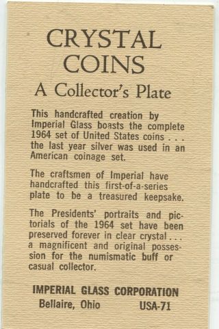 CRYSTAL COIN PLATE 1964 SERIES BY IMPERIAL GLASS CORP.  JFK DOLLAR 2