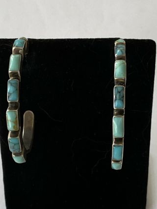 Large Vintage Navajo Turquoise Sterling Silver Hoop Pierced Earrings