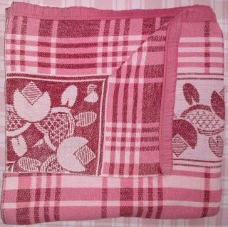 Vintage Pink Lotus Plaid Camp Blanket Reversible Soft Woven Cotton Rose Mauve