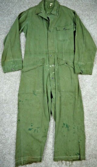 Vintage 40s Ww2 Us Army Hbt Coveralls 38l Wwii Military Workwear 13 Star Suit