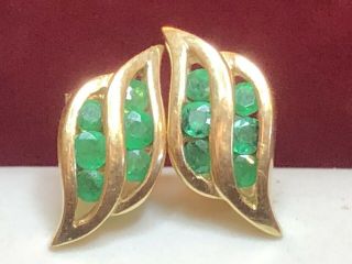 Vintage Estate 14k Yellow Gold Natural Green Emerald Stud Earrings