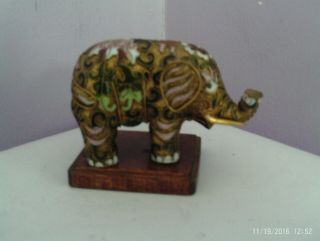 Fab Vintage Chinese Cloisonne Brass Elephant Figure On Wooden Stand 6 Cms Tall
