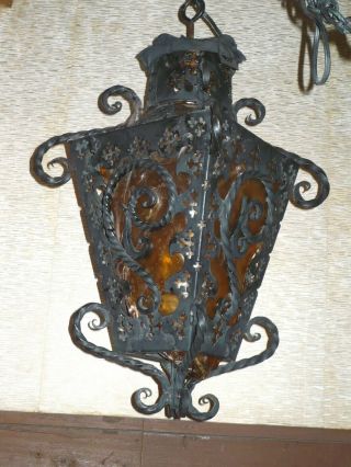 Vintage Heavy Ornate Wrought Iron Spanish Gothic Hanging Lantern / Swag Lamp