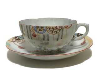 Vintage Japanese Eggshell Porcelain Tea Cup Saucer Hand Painted Scolloped Edges