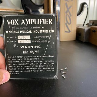 Vintage 1960s Vox Ac30 Back Plate Serial Number Plate Spares Or Repairs
