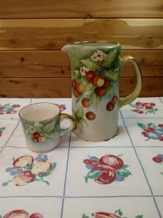 Vtg Hall Hand Painted Water Tankard Pitcher/ Cup Cherries Gold Handle