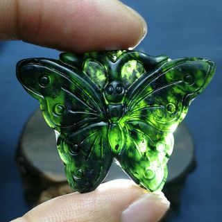 Chinese Natural Black Green Jade Hand Carved Butterfly Pendant Good Lucky Amulet