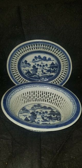 Vintage Chinese Canton Blue & White Porcelain Reticulated Basket & Platter Tray