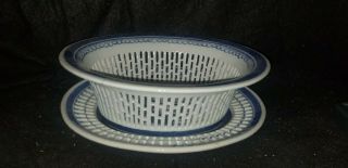 VINTAGE CHINESE CANTON BLUE & WHITE PORCELAIN RETICULATED BASKET & PLATTER TRAY 2