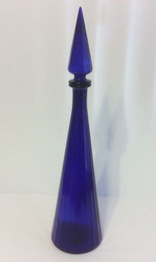 Vtg Cobalt Blue Ribbed Genie Bottle 60s Italian Empoli Mcm Decanter Stopper 19”