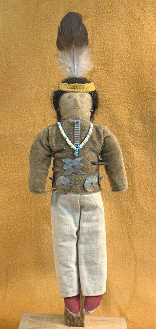 Vintage Native American Southwest Warrior Doll Trade Cloth Seed Beads Feather