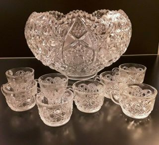 Vintage L.  E.  Smith Crystal Scalloped Daisy Hobstar & Button Punch Bowl & 8 Cups