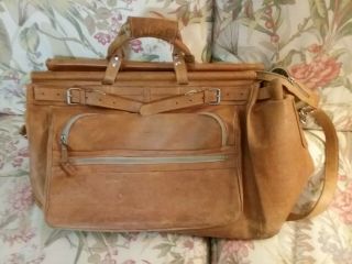 Vintage Extra Large Leather Satchel Carpet Bag Carry - On Duffle Handles Lined