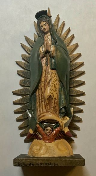 Vintage Our Lady Of Guadalupe Handpainted And Carved Wooden 7” Statue,  Folk Art