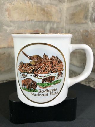 Vintage (japan) Badlands National Park Coffee Mug Painted Gold Trim Bison Eagle