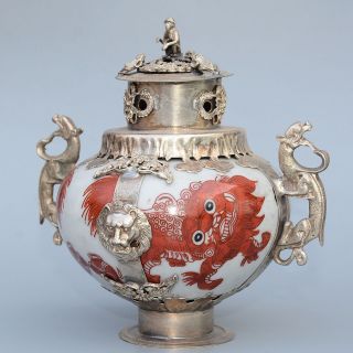 Collectable Miao Silver Armour Porcelain Hand - Carved Monkey & Lion Lovely Censer
