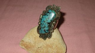 Vintage Early Native American Indian Navajo Old Pawn Silver Large Turquoise Ring