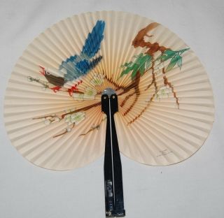 Vintage Asian Oriental Chinese Hand Fan Blue Bird Green Tree Cream Black Handle