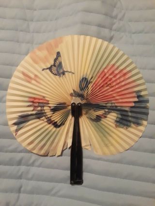 Vintage Asian Oriental Chinese Hand Fan Butterfly And Rose Black Metal Handle