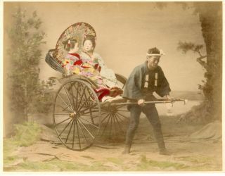 Japon,  Two Geischa In A Rickshaw Vintage Albumen Print,  Japan Tirage Album