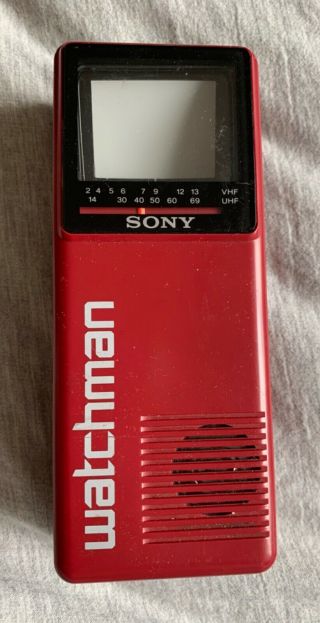 Vtg Sony Watchman Fd - 10a B&w Portable Handheld Tv 1980’s,  Uhf/vhf,  Red
