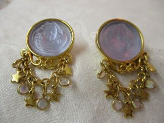 Vintage Kirks Folly Dream Angel Pierced Earrings Purple Cameo Stars Rhinestones