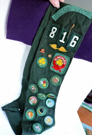 Vintage Girl Scout Green Banner Sash W/patches From Upper Montclair,  Nj