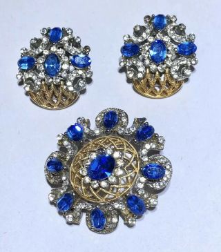 Vintage Hobe Signed Blue Rhinestone Flower Basket Brooch Pin & Earrings