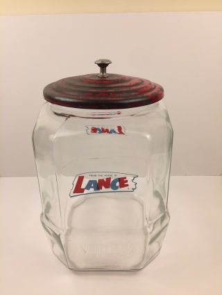 Vintage 8 Sides Lance Cracker Store Counter Glass Jar W/ Red Metal Lid Jar