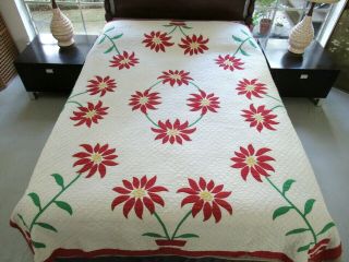 Vintage Densely Quilted WINDBLOWN DAISY Wreath & Basket Applique Quilt 92 