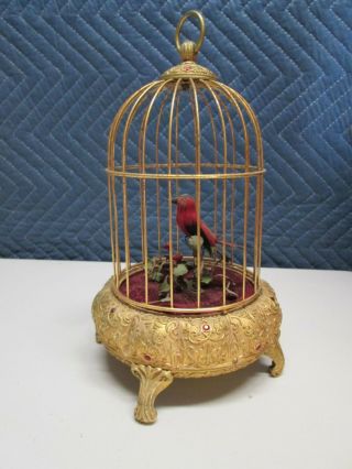 Vintage Automated Singing Bird In Gold Jeweled Cage -