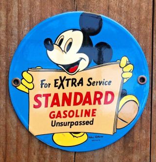 Vintage Mickey Standard Gasoline 6 " Porcelain Enamel Sign Gas Oil Pump Station